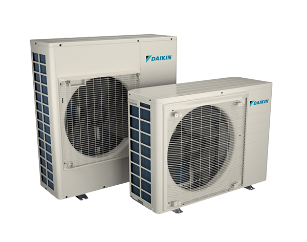 Two Daikin ductless mini-split outdoor units with protective grille and branding