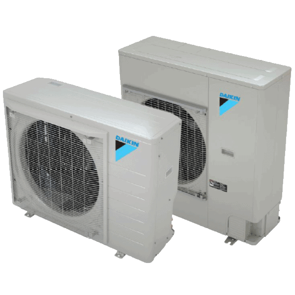 Angled view of two Daikin mini-split outdoor condenser units with visible fans and side panels
