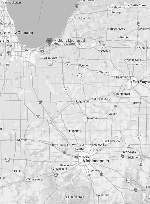 service-areas-michiana-mechanical Map showing Michiana Mechanical Heating and Cooling service area across Northwest Indiana and Southwest Michigan