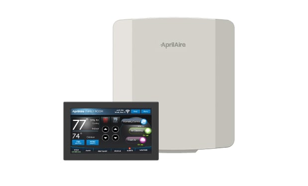 AprilAire air purifier with touchscreen control panel displaying indoor air quality settings