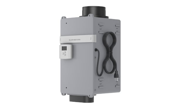 AprilAire ventilation system unit with digital control panel and coiled cord attached
