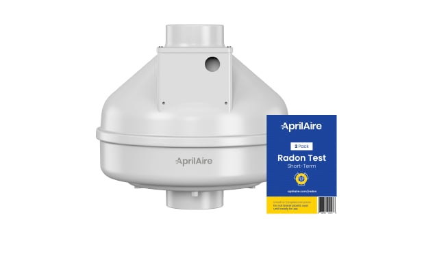 AprilAire radon mitigation fan with accompanying short-term radon test kit